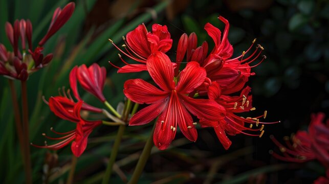 Blooming crimson flowers of Lycoris radiata in the fall