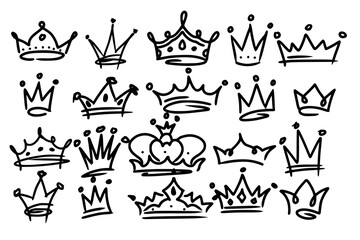 Sketch crown. Simple graffiti crowning, elegant queen or king crowns hand drawn. Royal imperial coronation symbols, monarch majestic jewel tiara isolated icons vector illustration set