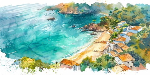 Fototapeta premium The watercolor painting shows a beautiful Mediterranean landscape with a bay, beach and small village.