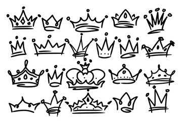 Sketch crown. Simple graffiti crowning, elegant queen or king crowns hand drawn. Royal imperial coronation symbols, monarch majestic jewel tiara isolated icons vector illustration set