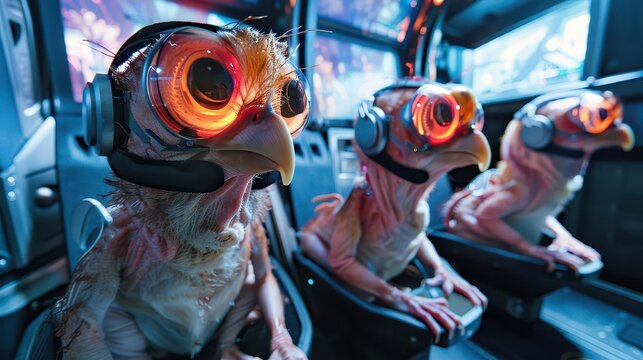 Illustrate a high-tech virtual reality gaming scene where players are transformed into whimsical creatures, seen from a tilted fish-eye lens perspective