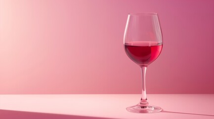 Glass of red wine against a pink background with light and shadow creating a minimalist style.