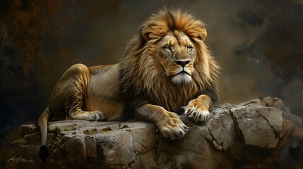 Obraz premium A lion lies on a stone and looks forward. 