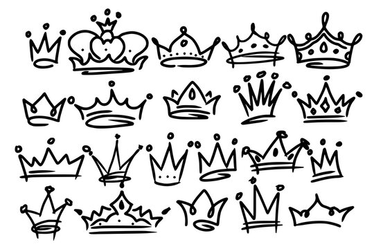Sketch crown. Simple graffiti crowning, elegant queen or king crowns hand drawn. Royal imperial coronation symbols, monarch majestic jewel tiara isolated icons vector illustration set