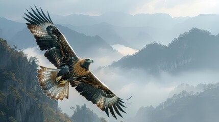 Fototapeta premium Show a robotic wildlife photographer capturing a golden eagle swooping down with wings outstretched, showcased against a backdrop of misty mountains