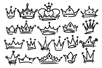 Sketch crown. Simple graffiti crowning, elegant queen or king crowns hand drawn. Royal imperial coronation symbols, monarch majestic jewel tiara isolated icons vector illustration set