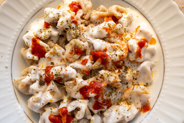 traditional home turkish manti in close-up