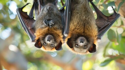 Fototapeta premium Close up of two fruit bats hanging upside down in a tree. Australia.