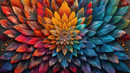 An intricate mandala pattern formed by colorful feathers of mythical birds viewed from above