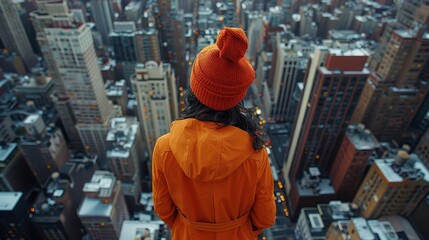 Bring to life an urban fashionista amid intricate cityscapes, showcasing the latest trends from a unique aerial perspective with unexpected camera angles