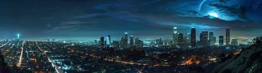 Fototapeta premium 32:9 panoramic view of the city of Los Angeles at night