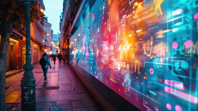 Capture a futuristic holographic display merging seamlessly with vibrant street art from a dynamic side view perspective