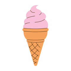 Hand drawn image of strawberry soft serve ice cream in a waffle cone on a transparent background. Minimalistic flat vector illustration EPS10