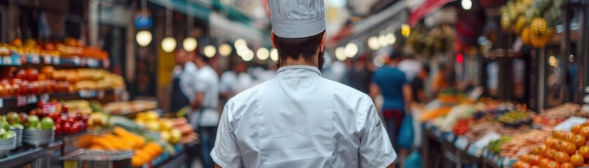 Capture a rear view perspective of an urban chef exploring a bustling city street market, showcasing unique culinary skills