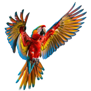 Vibrant Macaw Parrot flying open wings, red, yellow, blue macaw bird, transparent background, png 
