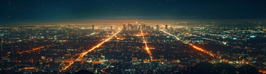 32:9 panoramic view of the city of Los Angeles at night