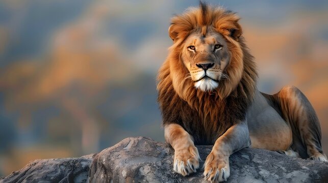 A lion lies on a stone and looks forward. 