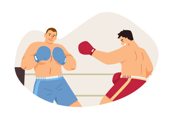 Two boxers fighting on the ring flat vector, battle sports game competition between professional sportsmen in sportswear