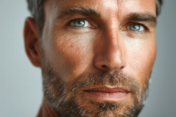 Fototapeta premium Close-up of a handsome man with blue eyes and gray hair, highlighting facial features and skincare