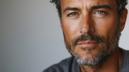 Fototapeta premium Mature man with gray hair and stubble, showcasing skincare and facial features