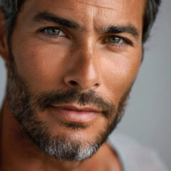 Obraz premium Portrait of a mature man with gray hair and blue eyes, focusing on skincare