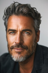 Close-up portrait of a man with blue eyes and gray hair, emphasizing skincare