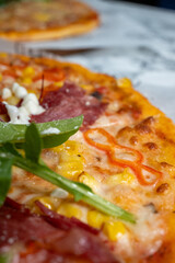 slice of pizza with bacon