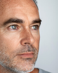 Profile portrait of a mature man with gray hair and blue eyes, showcasing healthy skin