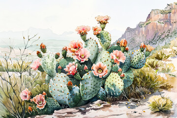 Flowering Cacti.  Generated image.  A digital illustration of a watercolor painting of flowering cacti in the American southwest desert.