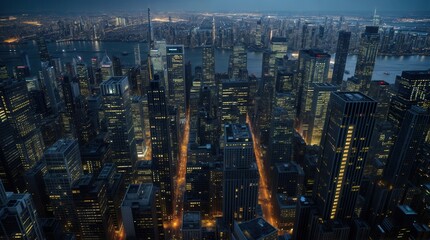 Obraz premium Aerial view of peaceful cityscape before sunrise