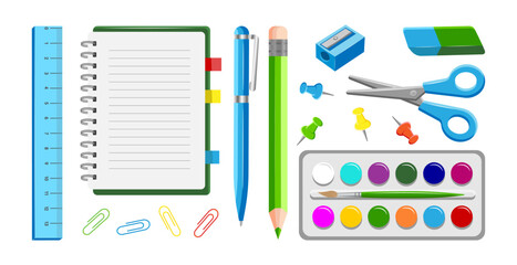 Back to School Set. School Supplies Vector Illustration in Flat Style for School. Icons for Online Learning: Notepad, Scissors, Paint, Pencil, Pen, Eraser, Sharpener, Ruler, Paperclip, Clip on  White