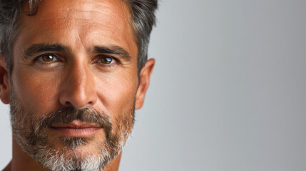 Obraz premium A middle-aged American man with a well-groomed beard and clear skin, demonstrating facial skincare in a close-up portrait