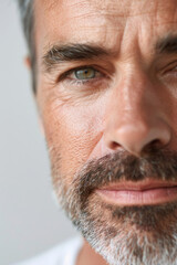 Obraz premium A middle-aged American man with a well-groomed beard and clear skin, demonstrating facial skincare in a close-up portrait