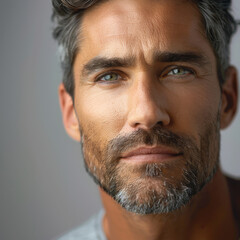 Obraz premium A middle-aged American man with a well-groomed beard and clear skin, demonstrating facial skincare in a close-up portrait