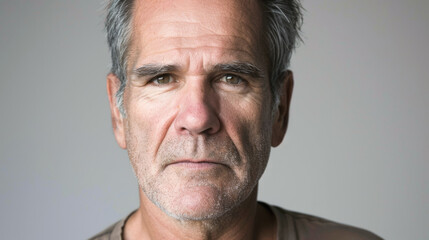 Obraz premium A man with a beard and gray hair is looking at the camera. He has a serious expression on his face