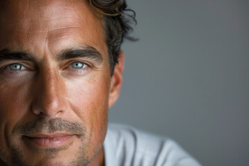Fototapeta premium A close-up portrait of an American man with bright blue eyes and tanned skin, showcasing his facial features