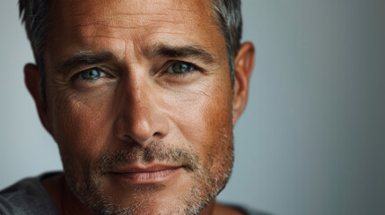 Obraz premium A close-up portrait of an American man with a serious expression, emphasizing the texture and details of his skin