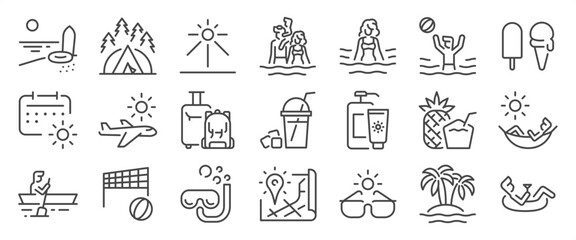 Summer icon set. It includes season, holiday, vacation, travel, tourism, and more icons. Editable Vector Stroke.