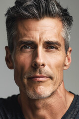 Obraz premium A close-up portrait of an American man with gray hair, showcasing his mature features and well-groomed skin