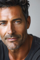 Fototapeta premium A close-up portrait of an American man with a soft gaze, showcasing the texture and details of his face