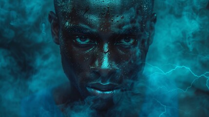 Obraz premium Intense Portrait of Man in Blue Mist with Lightning - Generative AI