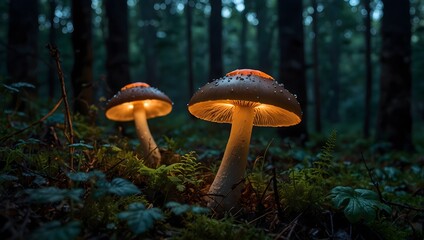 Fototapeta premium In the darkened woods, glowing mushrooms create a fairy-tale realm ai_generated