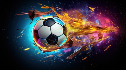Naklejka premium A soccer ball exploding with neon energy, its fragments scattering like shooting stars across the canvas,