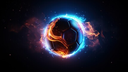 A soccer ball transformed into a glowing neon orb, casting an otherworldly glow on the surrounding darkness