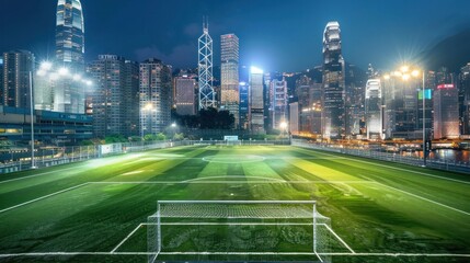 A soccer field in the heart of a bustling city, surrounded by skyscrapers and bathed in the city lights