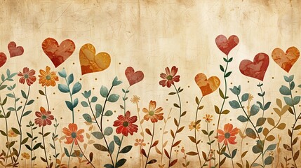 Vintage Floral Autumn Leaves and Heart Shapes Abstract Art on Beige Background for Holiday Design Elements and Greeting Cards