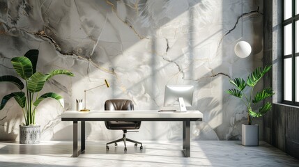 Elegant and modern graphic of a luxurious marble-accented office interior with a sleek,minimalist wallpaper design and ample copy space for branding or text overlay.