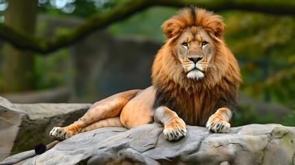 Naklejka premium A lion lies on a stone and looks forward. 