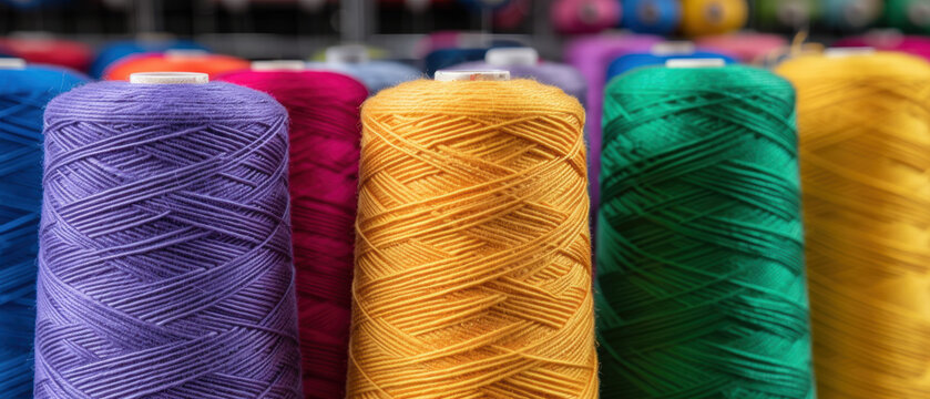 Spools of colorful threads in a textile factory, textile fibers, industry and variety