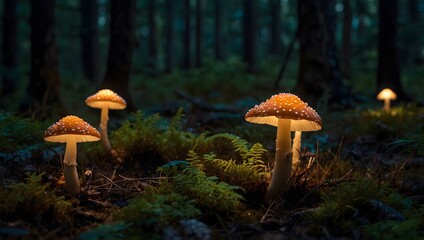 Fototapeta premium The magic of glowing mushrooms illuminating the forest floor ai_generated